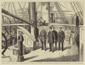 Die Arktische Expedition, der Prinz von Wales und der Herzog von Edinburgh besuchen die Discovery in Portsmouth